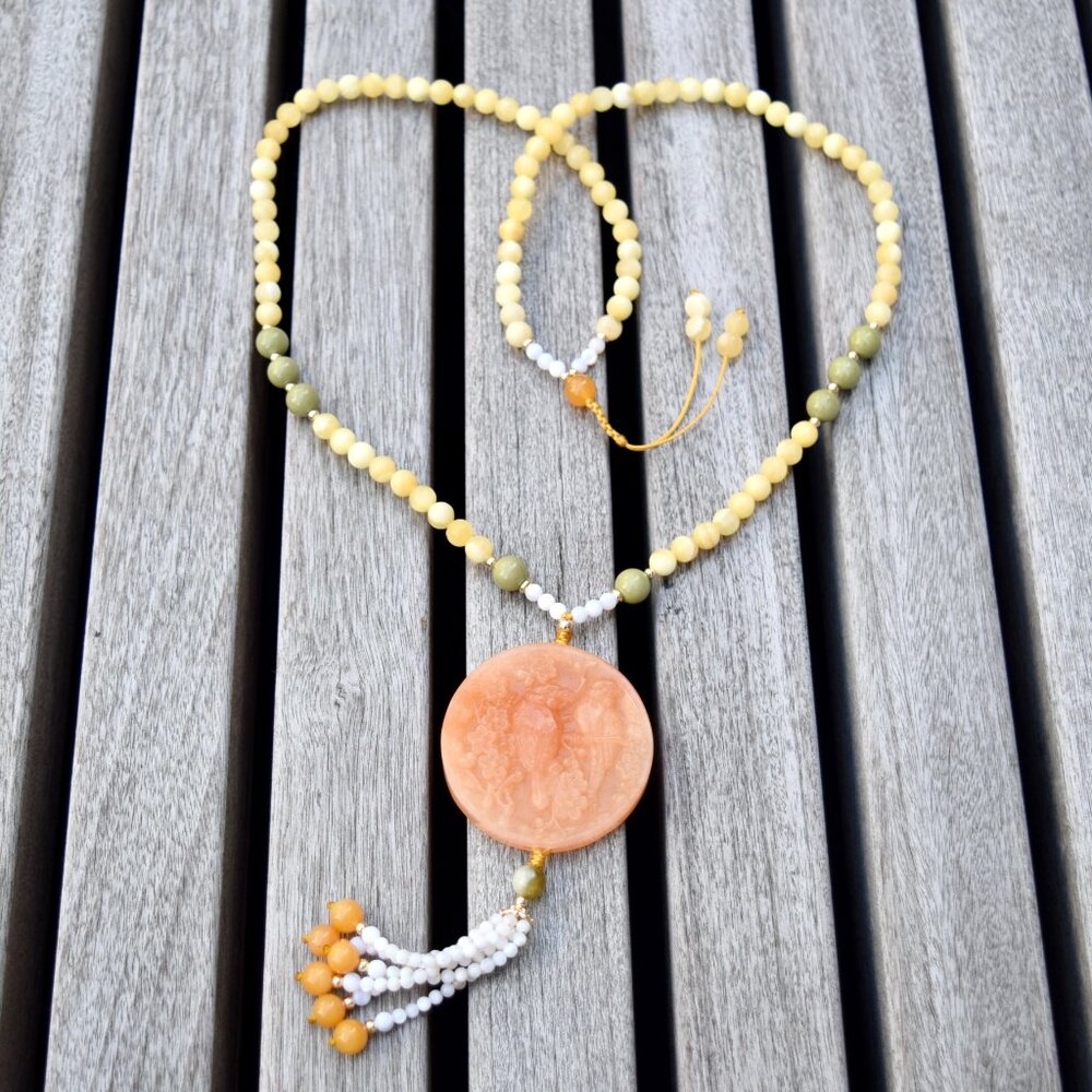 Bird Plum Jade Pendant Necklace - Orange Quartz Jade - Long Necklace